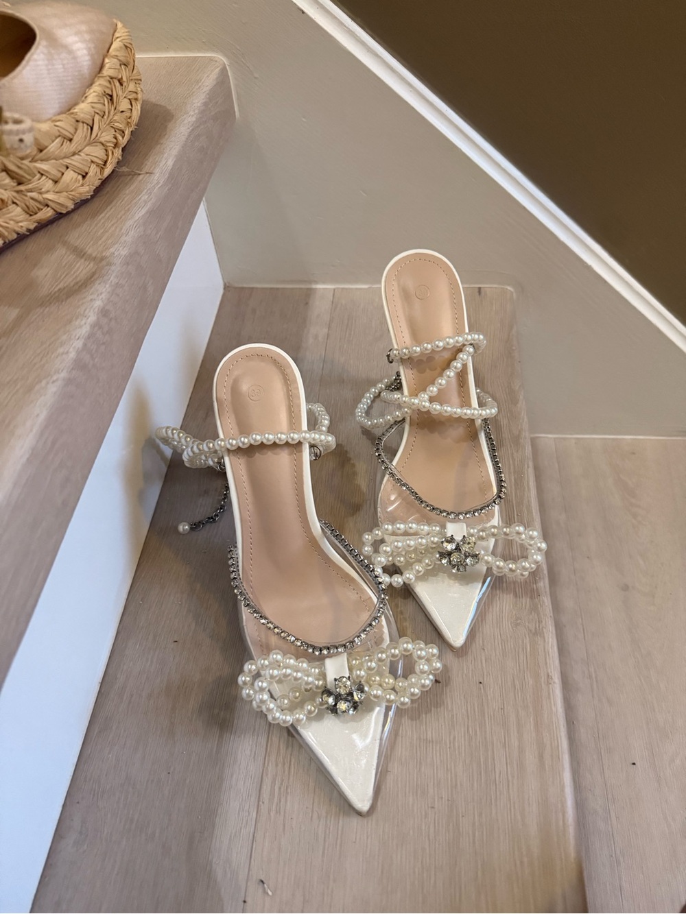 AKIRA Pearl-Embellished Ivory Pointed Mules